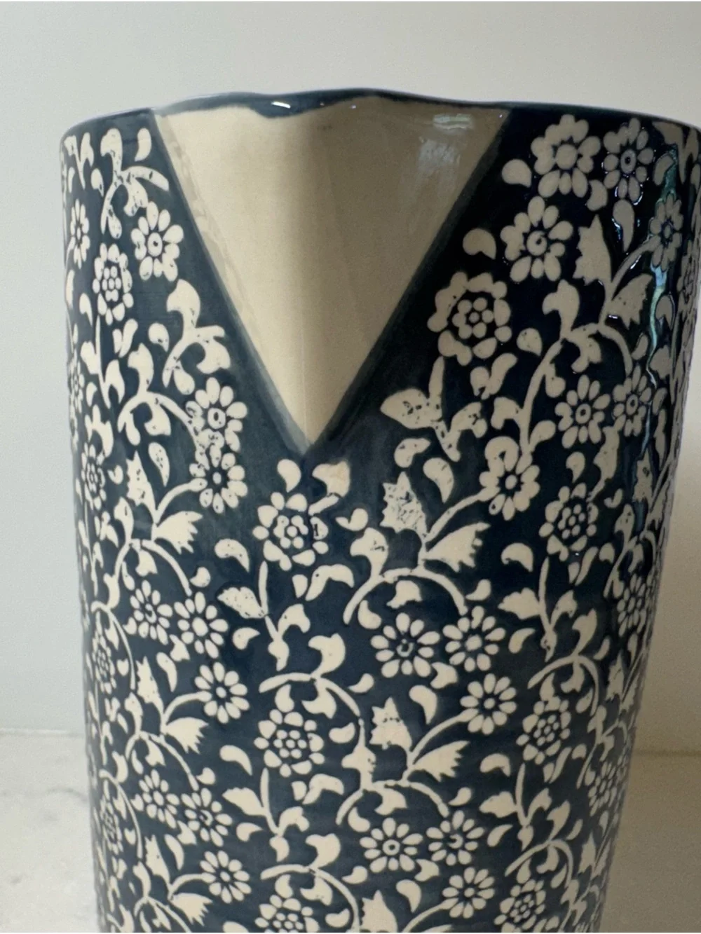 Anthropologie Navy and Cream Floral Ceramic Tana Floral Pitcher